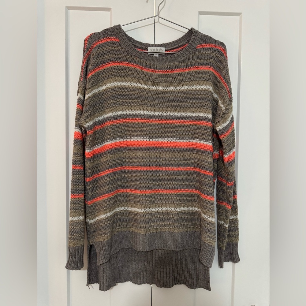 Society Brown and Red Crew Neck Sweater with Stripes